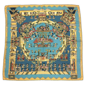 HERMES Scarf Muffler Carre 90 ASTRES et SOLEILS Celestial Bodies and the Sun 100% Silk Large Saxophone Blue x Yellow