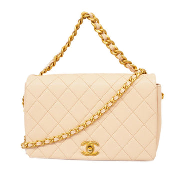 CHANEL Shoulder Bag Matelasse W Chain Caviar Skin Pink Beige Gold Hardware Women's