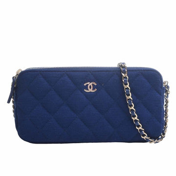 CHANEL Cotton Matelasse Coco Mark Chain Shoulder Long Wallet Blue Ladies