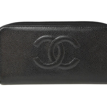 CHANEL long wallet round here mark caviar skin black