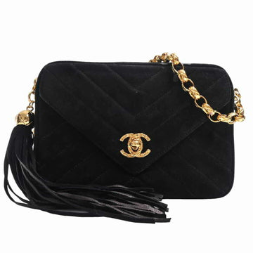 CHANEL Suede V Stitch Cocomark Chain Shoulder Bag - Black