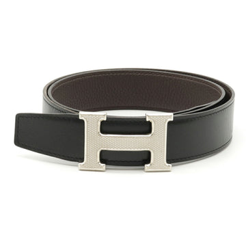 HERMES Constance Guilloche H Belt Reversible Box Calf Togo Leather Black Chocolat #80 D Engraved