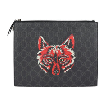 GUCCI Second Bag 547084 GG Supreme Canvas Leather Black x Gray Red Silver Hardware Clutch Handbag Pouch Wolf