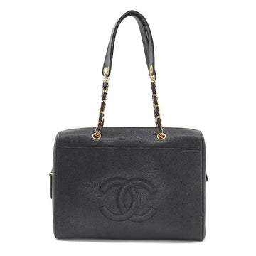 CHANEL caviar skin here mark chain tote bag black gold metal fittings vintage Chain Tote Bag