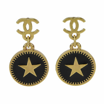 CHANEL Earrings Gold Plated 01P Black Coco Mark Star Swing GP Accessories Women's