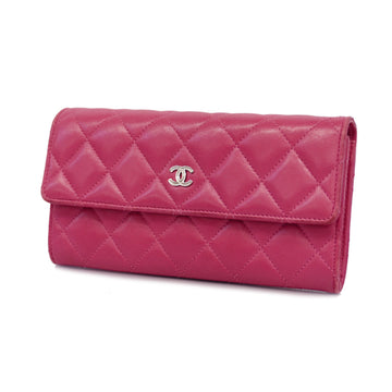 CHANELAuth  Matelasse Bi-fold Long Wallet With Silver Metal Fittings Lambskin Pink