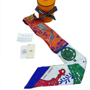 HERMES Twilly ETRIERS REMIX Blue Orange Scarf Muffler Silk Collar Accessories Bag Ladies Men's Unisex