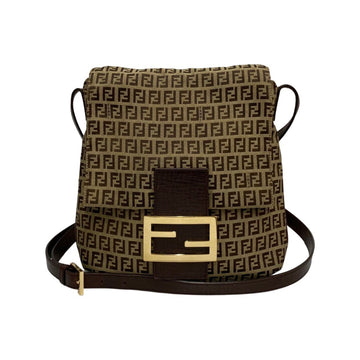 FENDI Zucchino FF Pattern Logo Hardware Leather Genuine Canvas Shoulder Bag Pochette Sacoche Brown