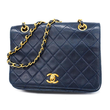 CHANEL Shoulder Bag Matelasse W Chain Lambskin Navy Gold Hardware Women's