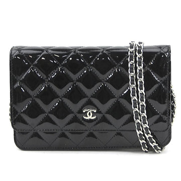 CHANEL Wallet Chain Matelasse Patent Leather/Metal Black/Silver Women's