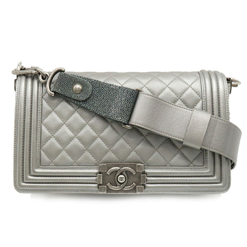 CHANEL boy matelasse here mark shoulder bag clutch metallic leather silver