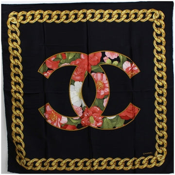 CHANEL silk scarf muffler coco mark chain camellia black  ladies