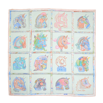 HERMES Carre 90 Scarf Chevaloscope Water Green Coral Blue Silk 100%