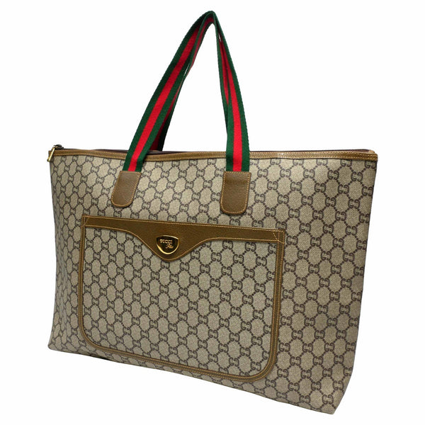 Gucci Plus Monogram Sherry Line Brown Vintage Travel Tote Bag - A