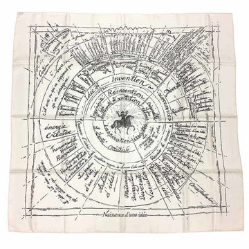 HERMES Scarf Muffler Carre 90 Naissance d'une idee The Birth of an Idea 100% Silk White