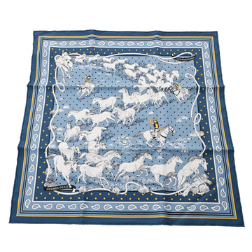 HERMES Carre 55 LES MUSTANGS BANDANA Blue Jean Jaune Blanc 043941S Women's 100% Silk Scarf Muffler