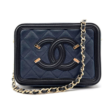 CHANEL Crossbody Shoulder Bag CC Filigree Caviar Skin Leather Navy Women's A84452