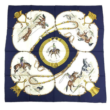 HERMES Scarf Carre 90 Pampa Prairie Navy White Silk 100%