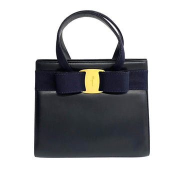 SALVATORE FERRAGAMO Vara Ribbon Logo Hardware Leather Genuine Handbag Mini Tote Bag Black 23576