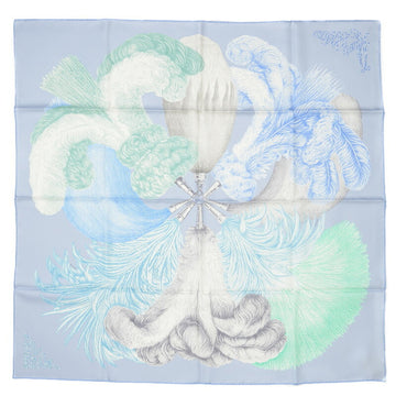 HERMES Carre 90 Scarf Feathers and Plumets et Panaches Blue Glacier Veil Gray