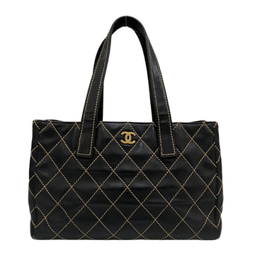 CHANEL Wild Stitch Coco Mark Metal Fittings Leather Genuine Tote Bag Handbag Black