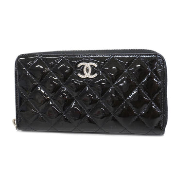 CHANEL Long Wallet Matelasse Patent Leather Black Silver Hardware Women's