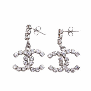 CHANEL Rhinestone Coco Mark Earrings Silver Women's