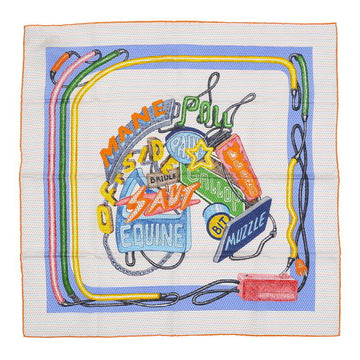 HERMES Carre 70 Scarf Chevaloscope Neon Embroidered White Blue Veil Silk 100%