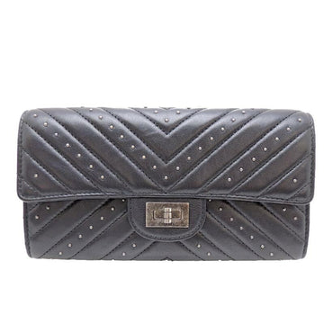 Chanel 255 V Stitch Studs Wallet Women's Leather Black