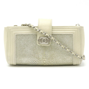 CHANEL Boy Chanel Coco Mark Chain Leather Garusha Silver White