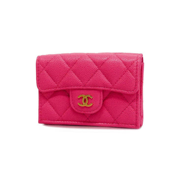 CHANEL Trifold Wallet Matelasse Caviar Skin Pink Gold Hardware Women's