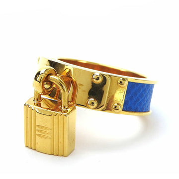 HERMES scarf ring kelly cadena motif plated GP leather gold blue accessories ladies scarfring