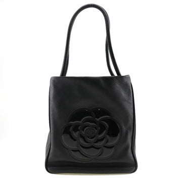 CHANEL camellia tote bag logo lambskin x enamel black ladies