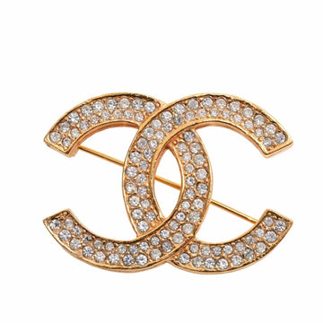 CHANEL Rhinestone Coco Mark Brooch Gold Ladies