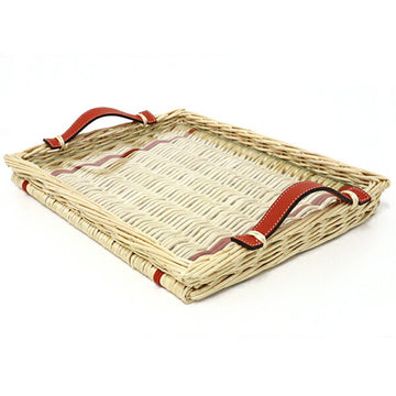 HERMES Tray Ozere Color Vaux Swift Willow Wood Glass Plate Red Brown Natural