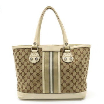 GUCCI GG Canvas Striped Tote Bag Shoulder Leather Khaki Beige Light 232973