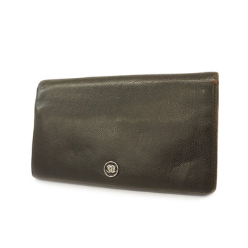 CHANELAuth  Coco Button Bi-fold Long Wallet Silver Metal Leather Dark Brown