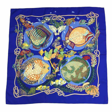 HERMES Scarf Muffler Carre 90 100% Silk Grands Fonds Deep Sea Fish Pattern Blue  aq6329