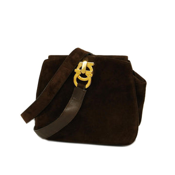 SALVATORE FERRAGAMO Shoulder Bag Gancini Suede Brown Gold Hardware Women's