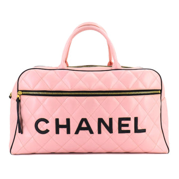 CHANEL Matelasse Boston Bag Leather Pink Black A05943 Gold Hardware