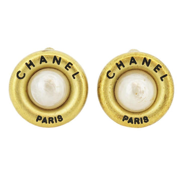 CHANEL earrings vintage round circle fake pearl GP plated gold white black 94A ladies