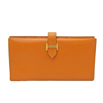 HERMES Bearn Men,Women Box Calf Leather Long Wallet [bi-fold] Orange
