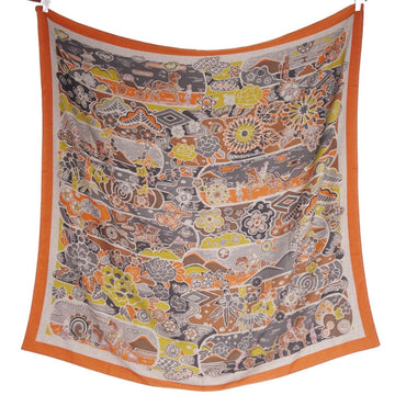 HERMES Scarf Muffler Carre140 BINGATA Bingata Ryukyu Okinawa Stole Shawl Cashmere Silk Ladies Multicolor