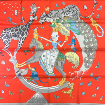 HERMES Carre 90 Story 22 New Women's Animal Giraffe Cat Tiger Horse Monkey Rabbit Butterfly Red Orange Green Silk Scarf Large Size