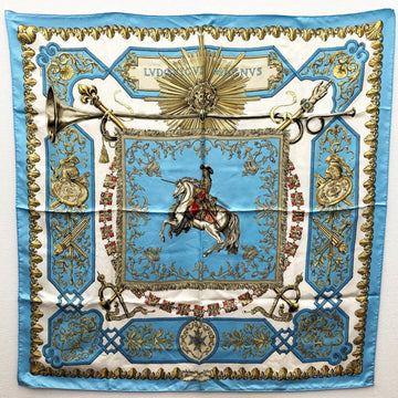 HERMES Carre 90 Muffler/Scarf LVDOVICVS MAGNVS Louis XIV on a White Horse Light Blue Silk Ladies Fashion USED