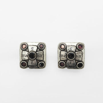 CHANEL 99A Vintage Cambon Square Color Stone Earrings Antique Silver Pink