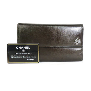 CHANEL tri-fold wallet here mark patent leather khaki silver ladies