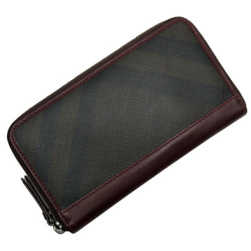 BURBERRY Round Zipper Long Wallet Nova Check Genuine Leather/PVC Black x Bordeaux Unisex