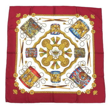 HERMES Carre 90 LES TAMBOURS Tambour Drum White Red 100% Silk Scarf Muffler