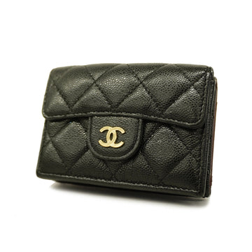 CHANELAuth  Matelasse Tri-fold Wallet Gold Metal Caviar Leather Wallet Black